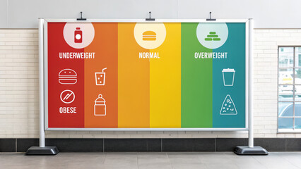 Colorful infographic display of BMI categories including underweight, normal, overweight, and obese. Visual representation with icons for food and drinks evokes awareness about health