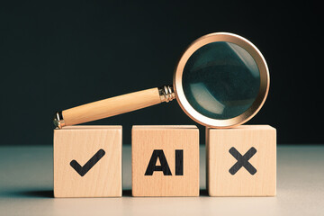 AI concept with a magnifying glass and right, wrong, symbols in the wooden cubes, accuracy...