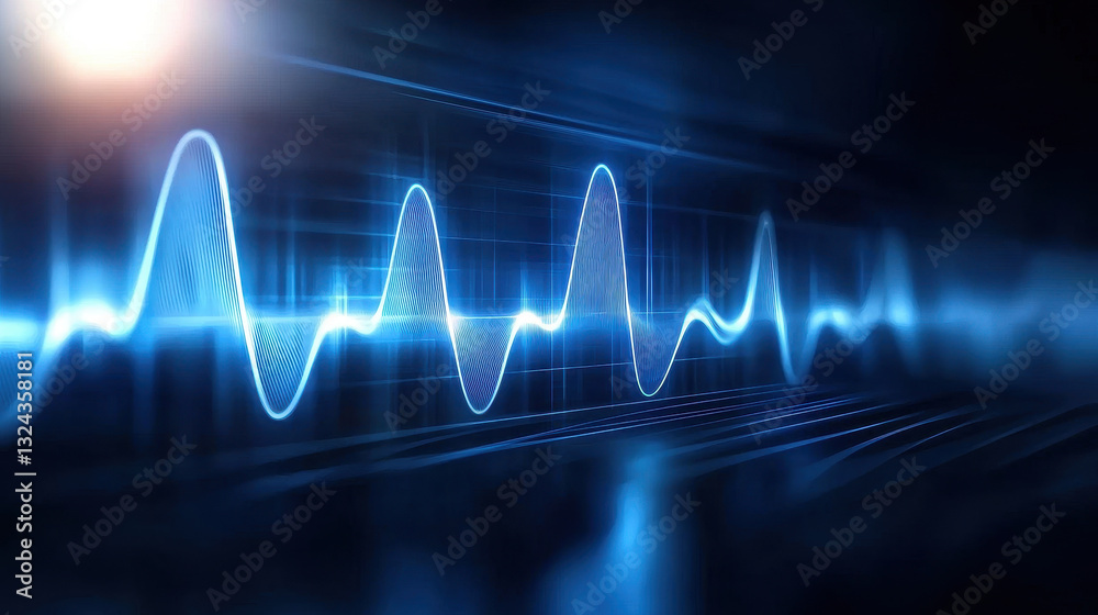 Poster minimalist design featuring pulsating blue waveform on dark background, representing sound or data visualization. image evokes sense of technology and modernity