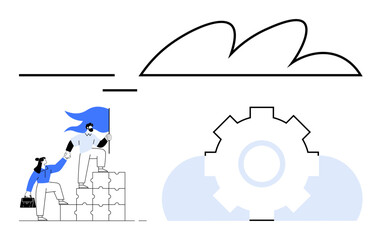 Two people collaborating on stacked blocks with a flag, representing teamwork. Gear and cloud elements highlight technology, cloud computing, and innovation. Ideal for collaboration, leadership