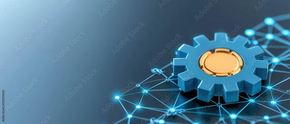 Poster blue gear on digital network background symbolizes technology and innovation. image conveys sense of connectivity and modern engineering