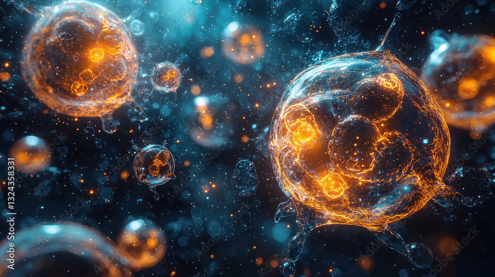 Aufkleber Vivid representation of cells in dynamic environment, showcasing vibrant colors and intricate details. This captures essence of cellular structures and their interactions