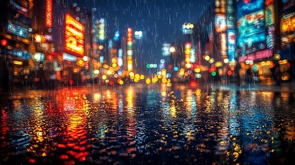Obraz premium Vibrant cityscape at night with reflections in rain-soaked streets and neon lights