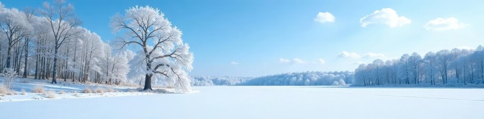 Frozen landscape with bare trees under a clear blue sky, winter, icy