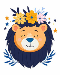 Obraz premium Cute lion head with flower crown