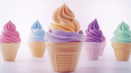 AI generator images of ice cream product mockup style, Strawberry, vanilla, blueberry, chocolate, mint, and colorful ice cream scoops with cone with radial pattern, on a white background