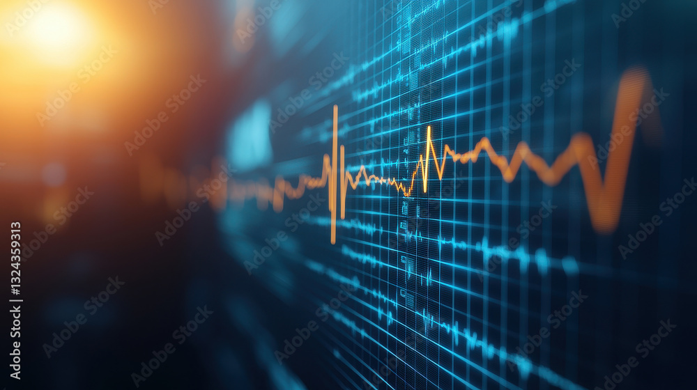 Poster Dynamic audio waveform visualization with vibrant colors and grid background, showcasing sound transitions and energy levels