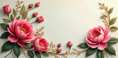 Delicate rose and peony motifs in gold embroidery, ornate, flowers, refined