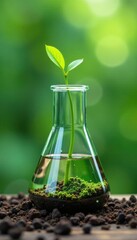 Glass flask with a small green sprout and water, growth, tiny, container