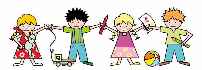kindergarten, children and toys, group of little kids, ball, pen, drawing supplies, car, hare, vector illustration