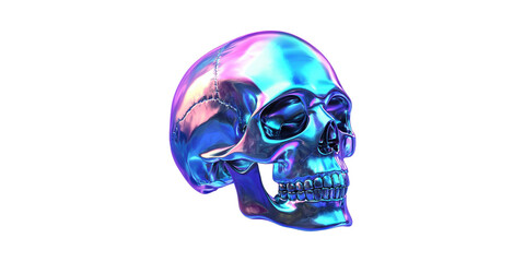 Iridescent human skull with metallic finish and vivid colors set isolated on transparent background