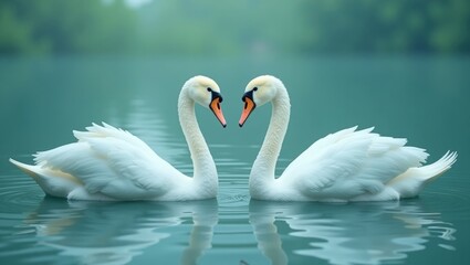 Fototapeta premium Swans in love, romantic mood, swimming in calm lake background, copy space