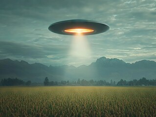 Ufo encounter in rice field mysterious landscape cinematic viewpoint sci-fi conceptual imagery