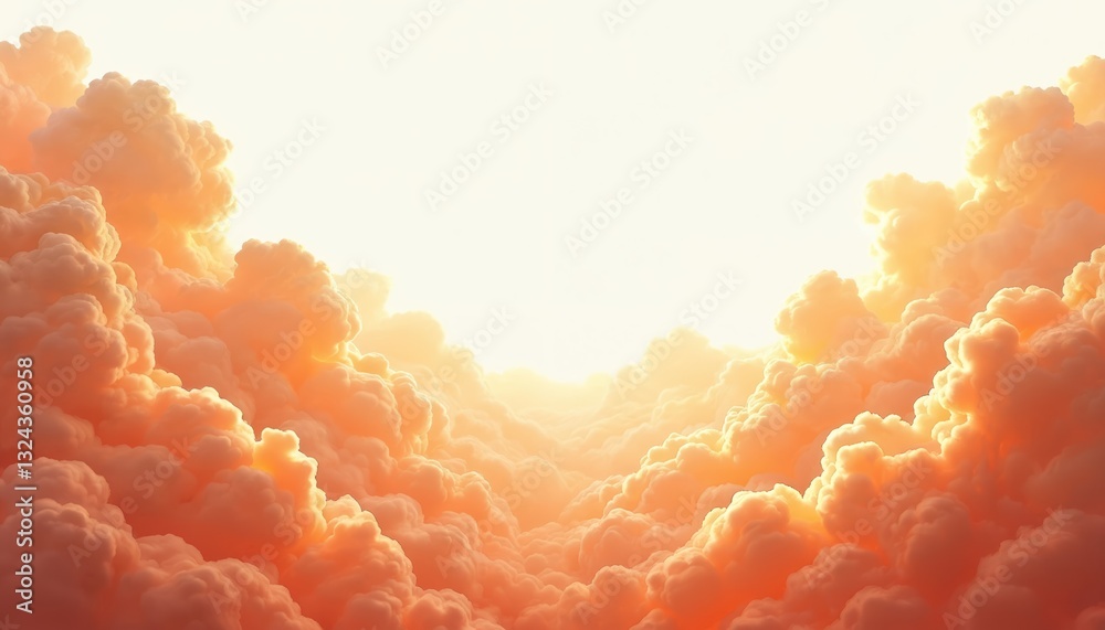 Aufkleber Orange clouds background with soft light. Fluffy cloudscape in heaven. Dreamy three-dimensional gas effect with transparent mist. Realistic atmosphere with ozone, vapor layers. Meteorology