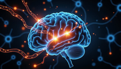 Human brain illuminated by microplastics in dark environment, pollution awareness