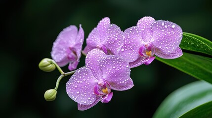 Naklejka premium Delicate purple orchids with raindrops lush garden floral photography natural beauty close-up serenity