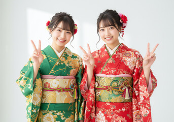 Celebrating in Style: Two Women in Vibrant Kimonos- traditional attire
