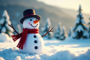 Handmade sock snowman in a snowy landscape with trees, snowman, frozen treetops