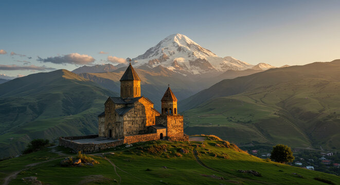 Georgia's Gergeti Trinity Church: A Majestic Mountainscape at Sunrise - Caucasus Beauty, Kazbegi Adventure & Spiritual Landmark