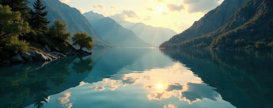 Riflessi d'acqua su una struttura sulla riva del lago, luce, acque specchiata, riflessi