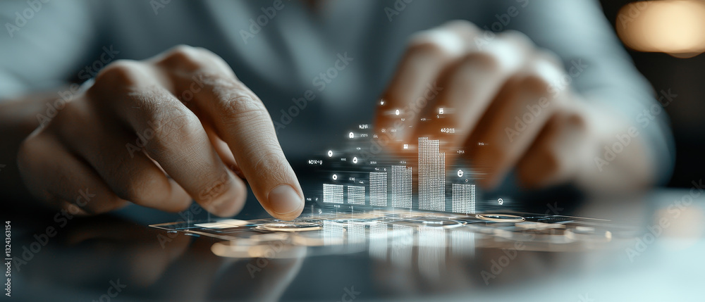 Poster person interacting with digital financial interface, showcasing data analysis and technology. image conveys sense of innovation and modernity in finance