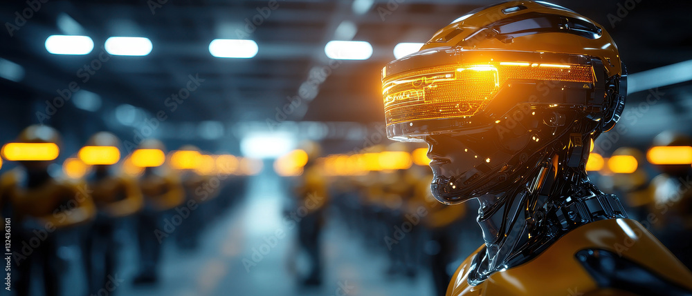 Aufkleber futuristic robot with glowing visor stands in industrial setting, surrounded by other robots. scene 