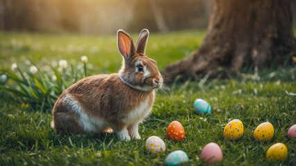 Easter bunny with Easter eggs on a spring green meadow