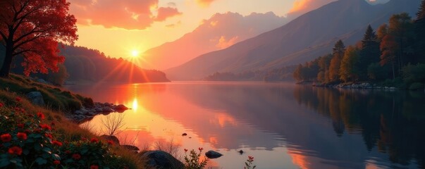 Obraz premium Heater and foliage by peaceful lake in sunset, foliage, lake, peaceful