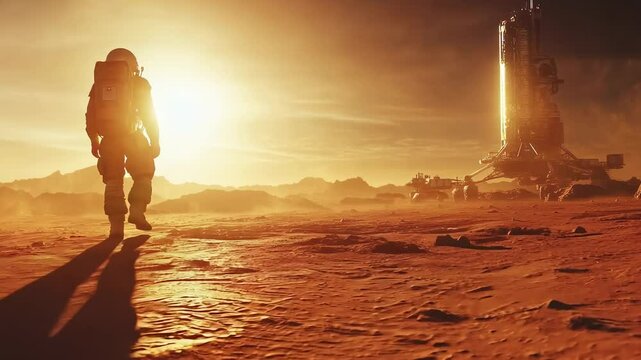 An astronaut in a space suit walking on the rocky red surface of Mars with a spacecraft in the background at sunset.
