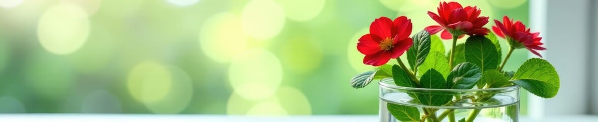 Primrose stems and leaves in clear glass container filled with water, water, greenery, garden flowers