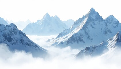 Snowy mountain peaks rise above fog. Scenic winter landscape with snow covered Alps. Adventure travel and ski resort vacation in serene wilderness of mountains chain on blue transparent background.