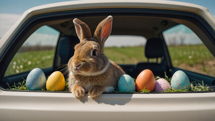 Easter bunny with easter eggs in car