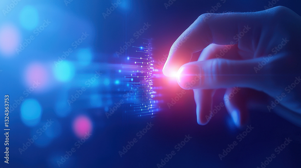 Poster futuristic image of hand interacting with digital data, symbolizing technology and innovation. vibrant colors and glowing elements create sense of excitement and advancement