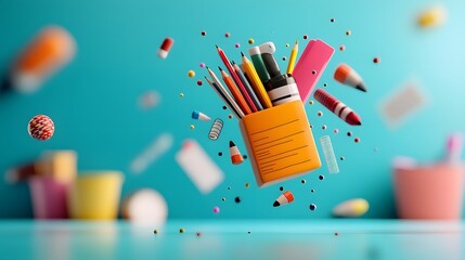 Obraz premium Levitating school supplies and stationery items floating in an ethereal blue pastel backdrop portraying a surreal and whimsical back to school or education concept with a dreamlike