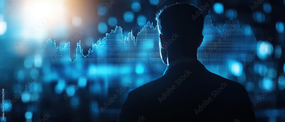 Aufkleber businessman standing in front of digital financial graph, reflecting on market trends and data analy