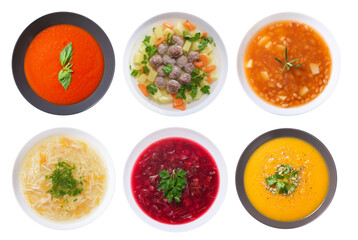 Set of plates of soup isolated on transparent background, top view