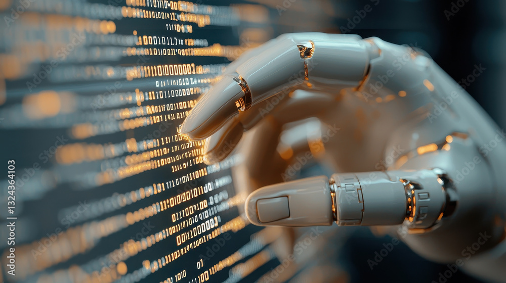 Poster futuristic robotic hand interacting with binary code on digital screen, symbolizing technology and innovation