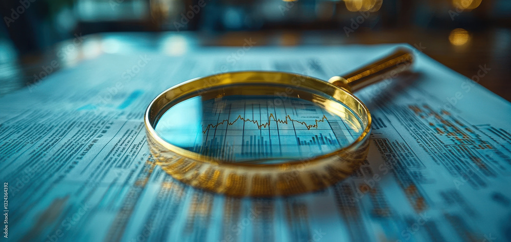 Poster clear photo realistic image of magnifying glass focusing on financial documents, revealing detailed graphs and data. scene conveys analysis and scrutiny in finance