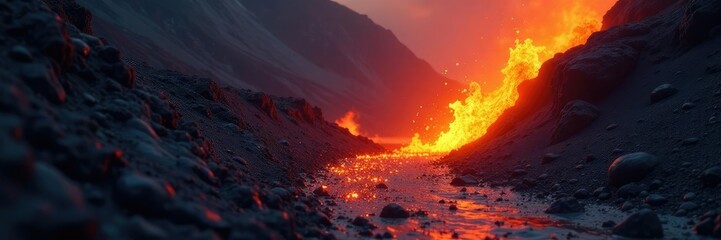 Fototapeta premium Fiery liquid flows down a steep slope of black rock and sand, volcanic ash fall, flowing fire