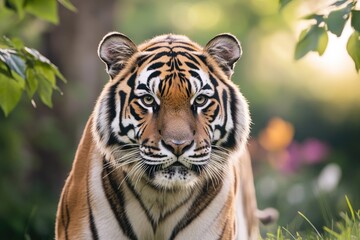 Fototapeta premium majestic tiger prowls in green grass surrounded by dappled sunlight filtering through leaves paused mid-stride with