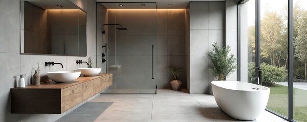 Spacious minimalist bathroom features wall-mounted fixtures, subtle gray tiles, frameless mirror. Modern interior design bathtub, wooden furniture, indoor plants, window with garden view. Clean,