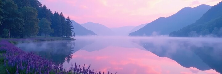 Obraz premium Soft lavender mist falls on a serene lake at dawn, blue, pink, nature