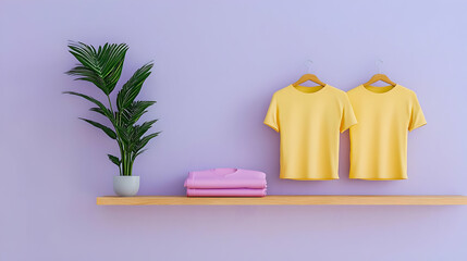 Two Yellow T-Shirts Hanging On Wooden Shelf With Folded Pink Shirt On Pastel Purple Minimalist Background With Potted Green Plant Ideal For Clothing