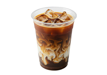 A clear plastic cup filled with iced coffee isolated on transparent background