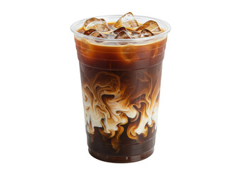 A clear plastic cup filled with iced coffee isolated on transparent background