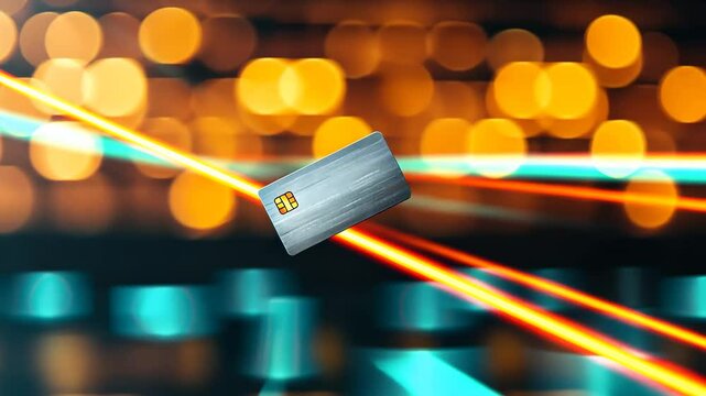 A floating credit card with a shopping mall or store in the background, symbolizing consumer spending and increasing confidence. Economic growth and stimulus policies.