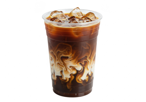 A clear plastic cup filled with iced coffee isolated on transparent background