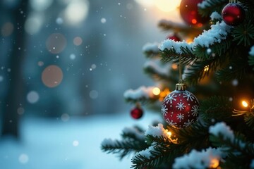 Snowflakes gently falling on a decorated Christmas tree, garland, winter