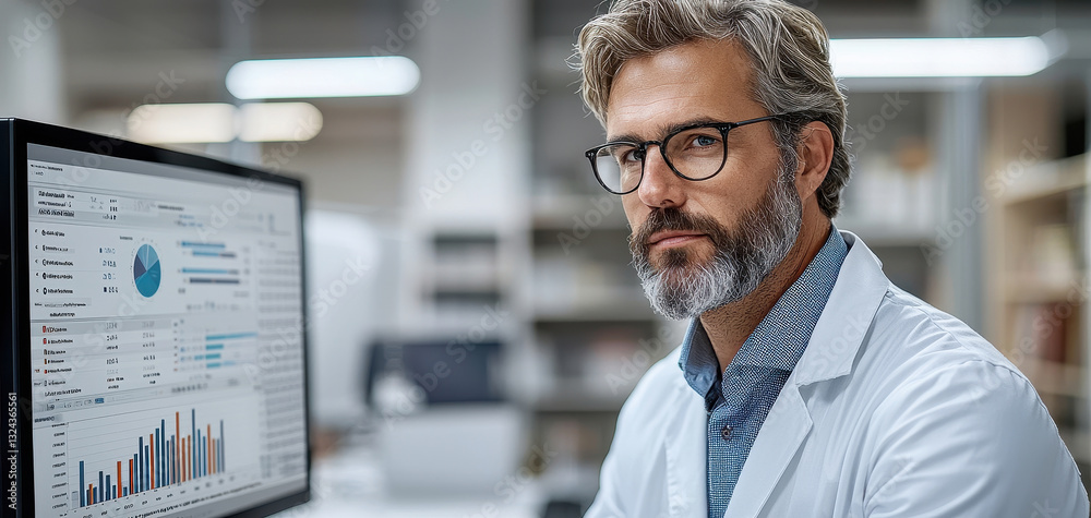 Fototapete focused data analyst in lab coat examines data on computer screen, showcasing graphs and charts. environment is modern and professional, reflecting commitment to data driven insights