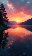 Fototapeta premium Softly glowing sunset colors on a calm lake shore, texture, landscape